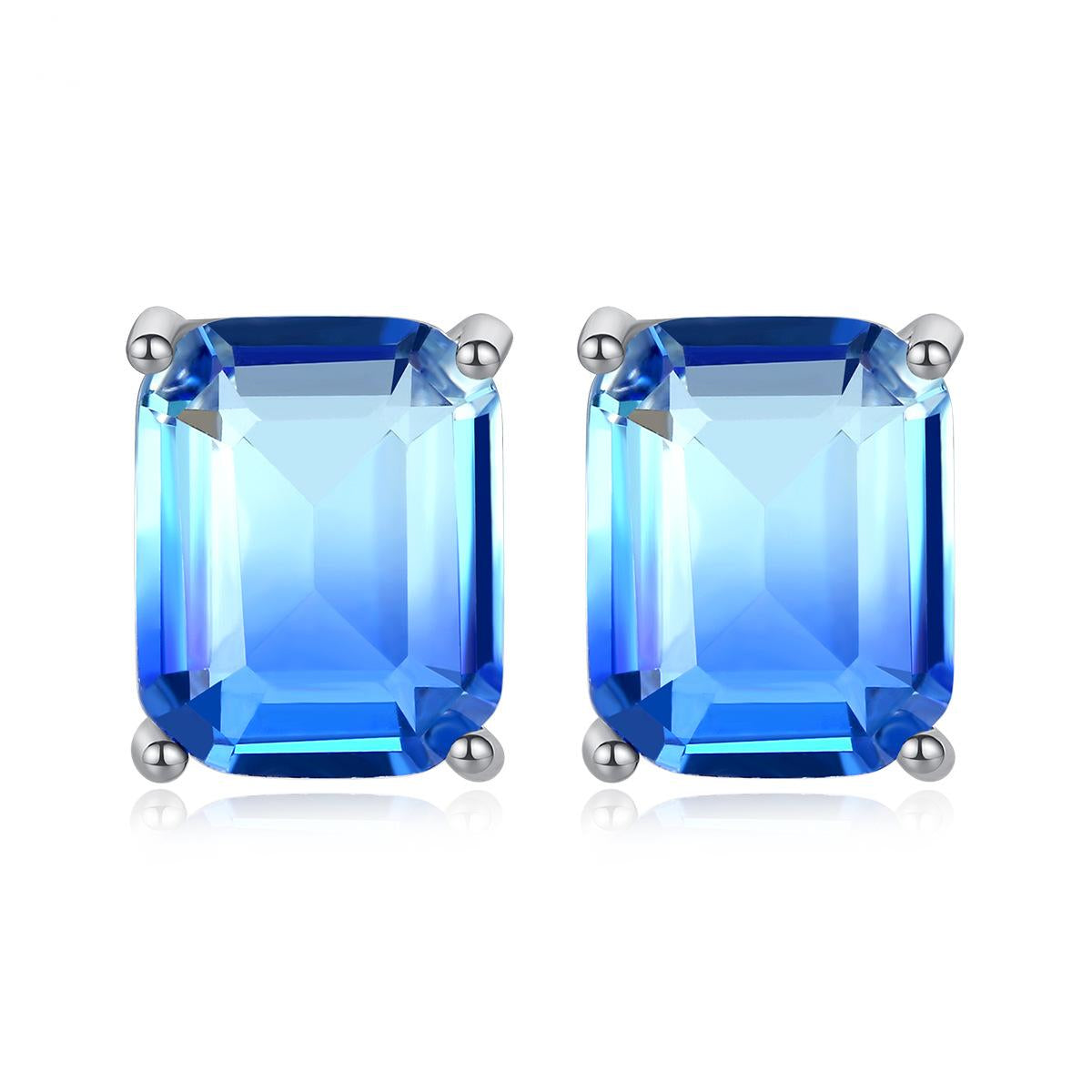 Blue Crystal and Silver-Plated Radiant-Cut Stud Earrings, silver stud earrings for women, botanical inspired, side view