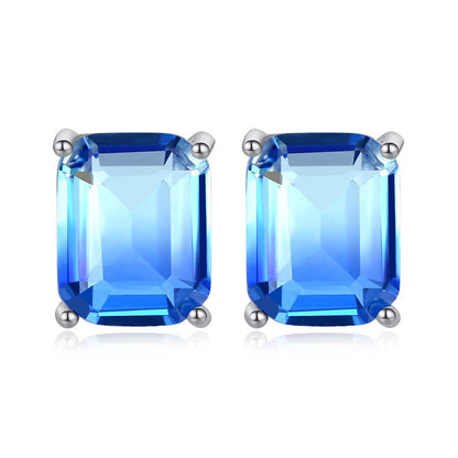 Blue Crystal and Silver-Plated Radiant-Cut Stud Earrings, silver stud earrings for women, botanical inspired, side view