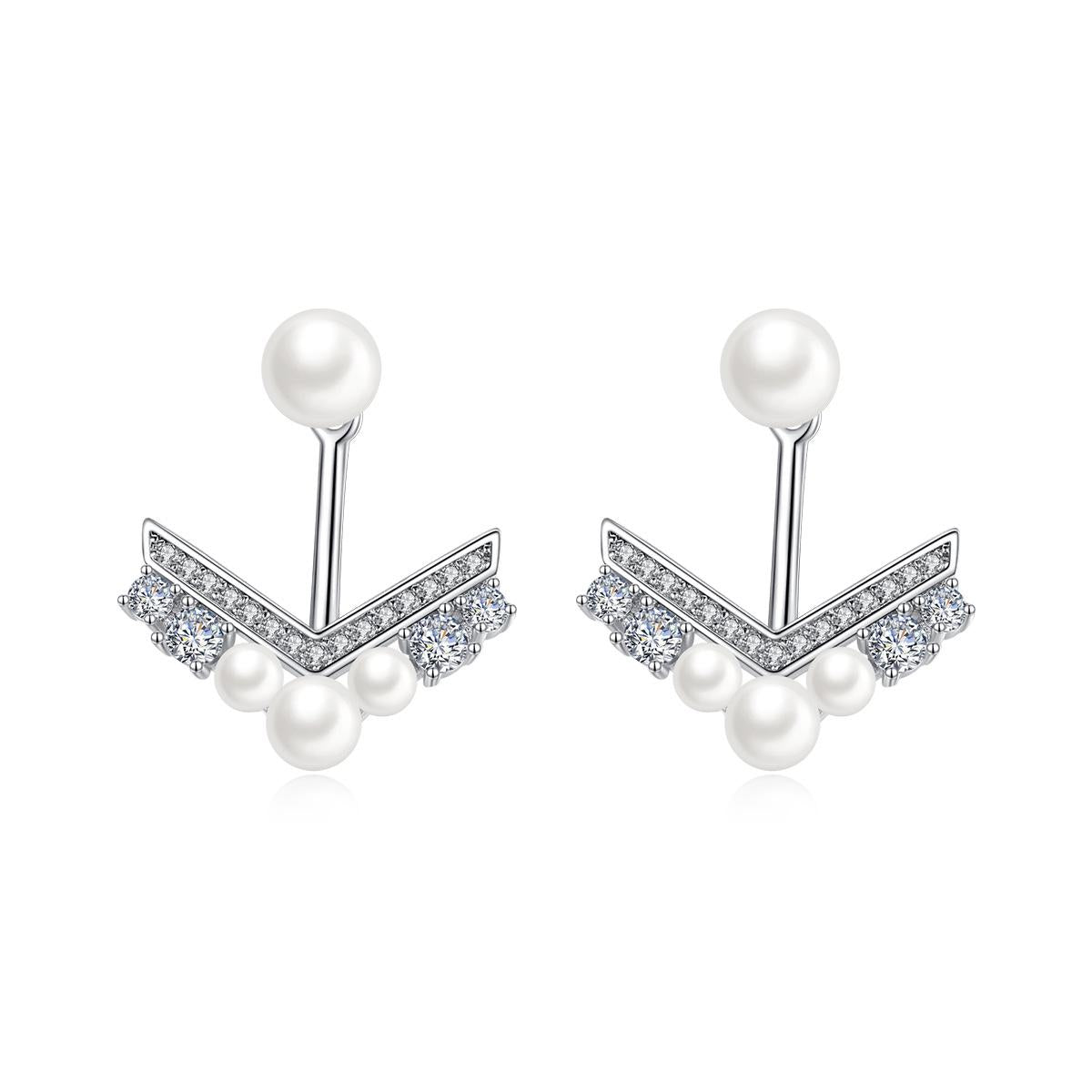Cubic Zirconia and Pearl V Ear Jackets, dainty minimalist design, side view
