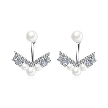 Cubic Zirconia and Pearl V Ear Jackets, dainty minimalist design, side view