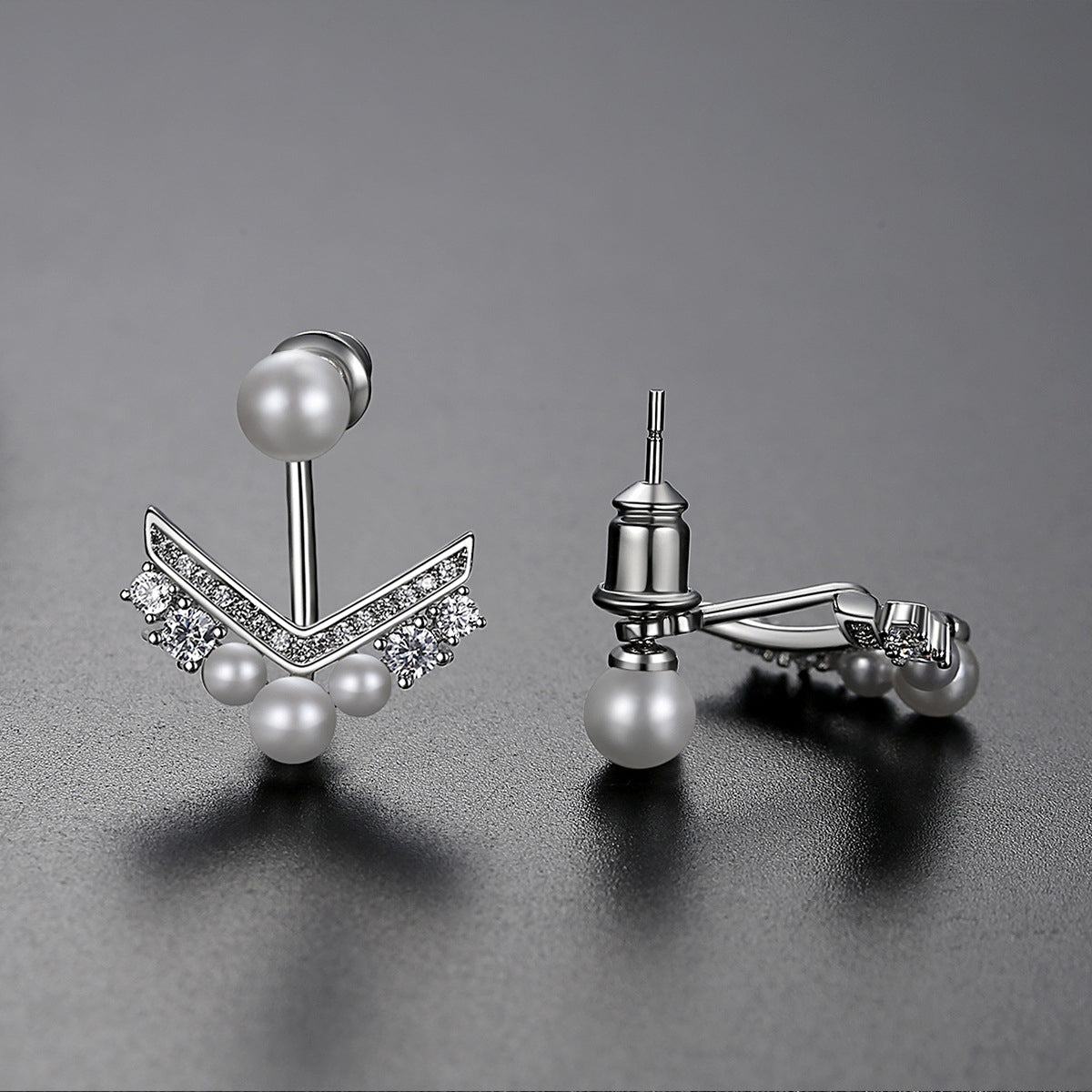 Cubic Zirconia & Pearl V Ear Jackets