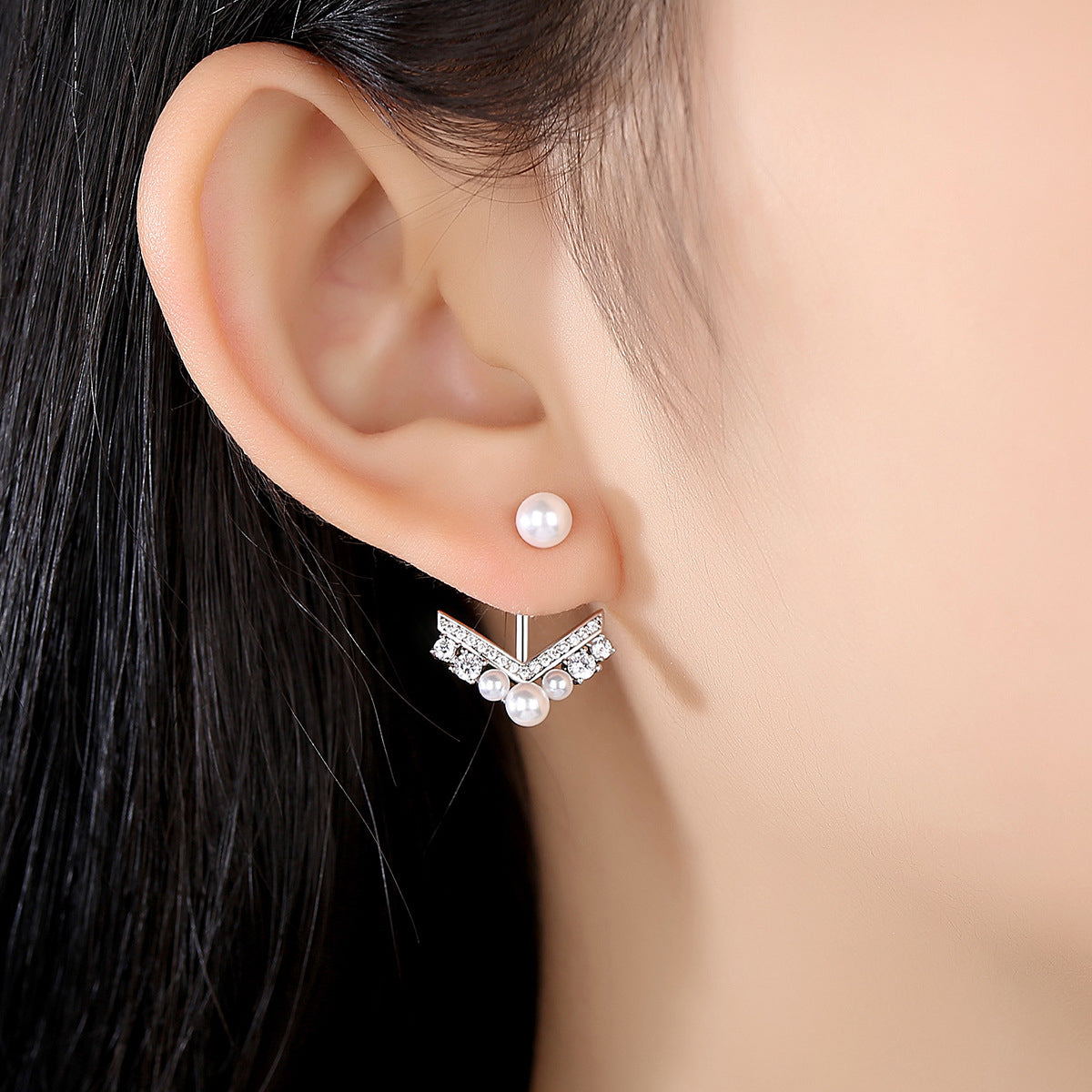 Cubic Zirconia & Pearl V Ear Jackets