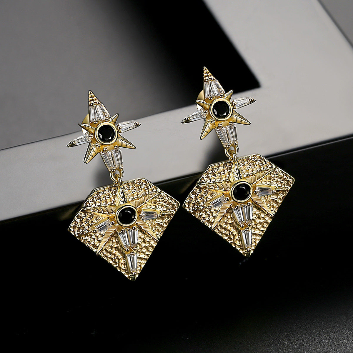 Black Cubic Zirconia & Crystal Sun Diamond Drop Earrings