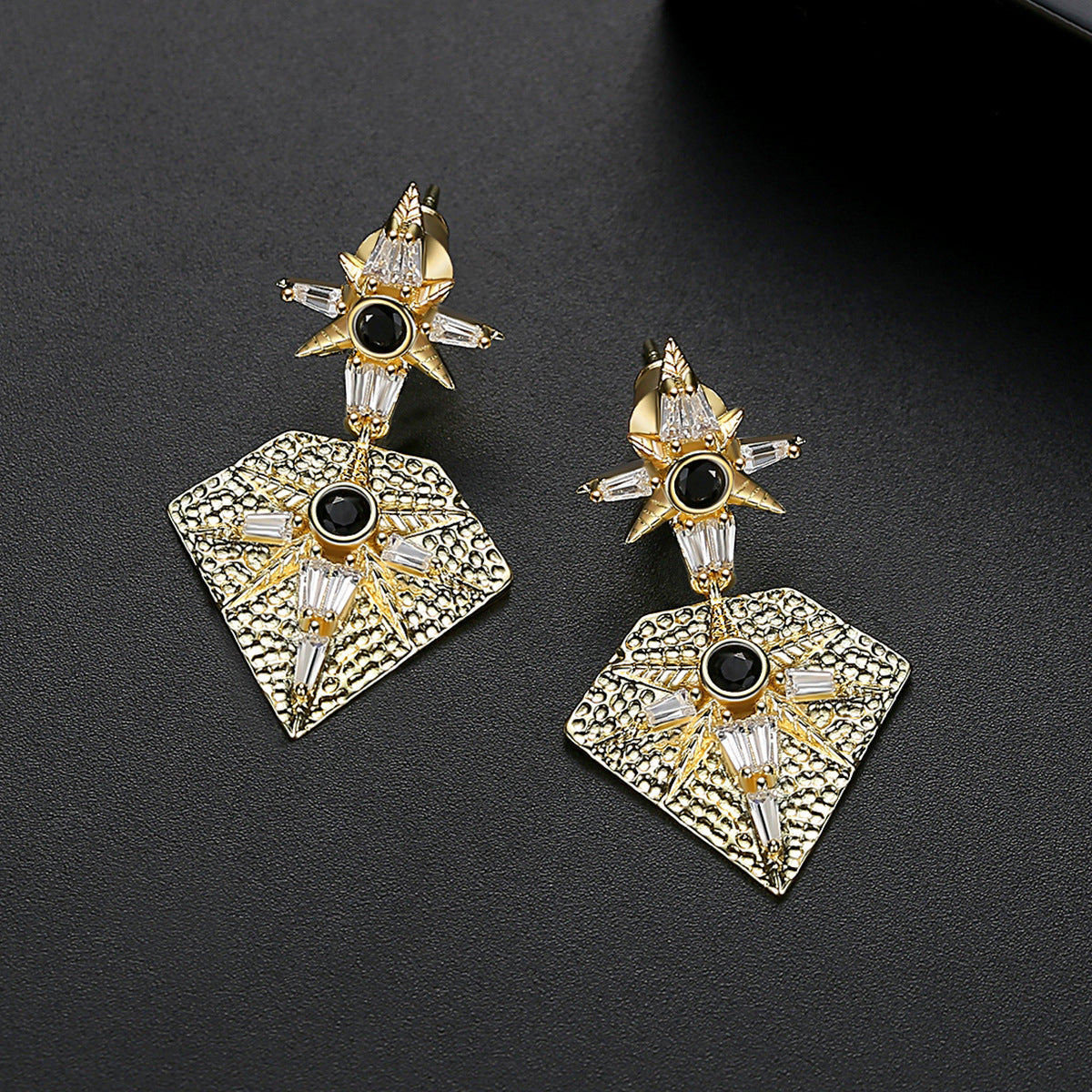 Black Cubic Zirconia & Crystal Sun Diamond Drop Earrings