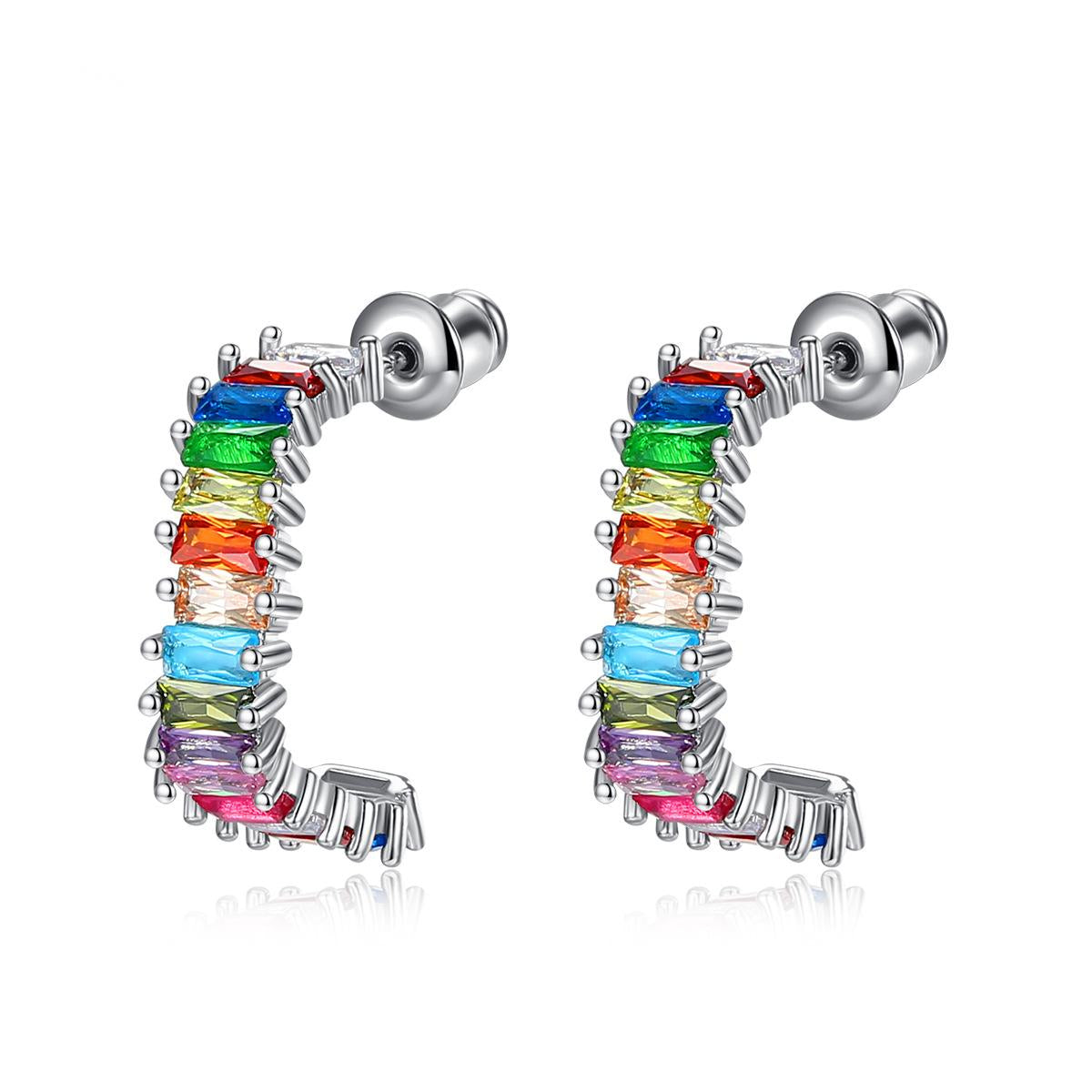 Multicolor Crystal and Silver-Plated C-Shaped Huggie Earrings, silver huggie earrings, elegant gift for her, front view
