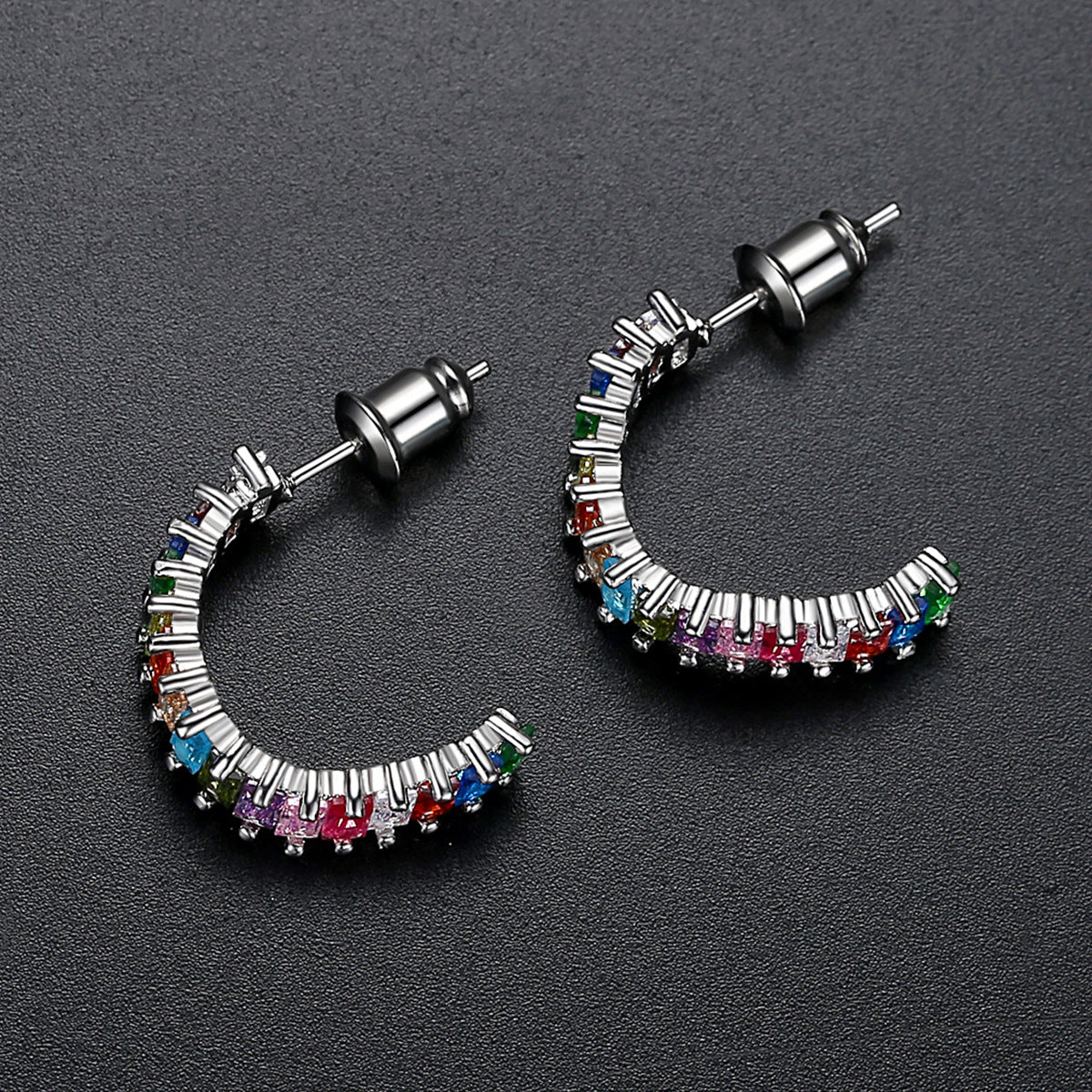 Multicolor Crystal and Silver-Plated C-Shaped Huggie Earrings, silver huggie earrings, elegant gift for her, side view