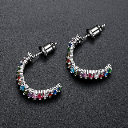 Multicolor Crystal and Silver-Plated C-Shaped Huggie Earrings, silver huggie earrings, elegant gift for her, side view