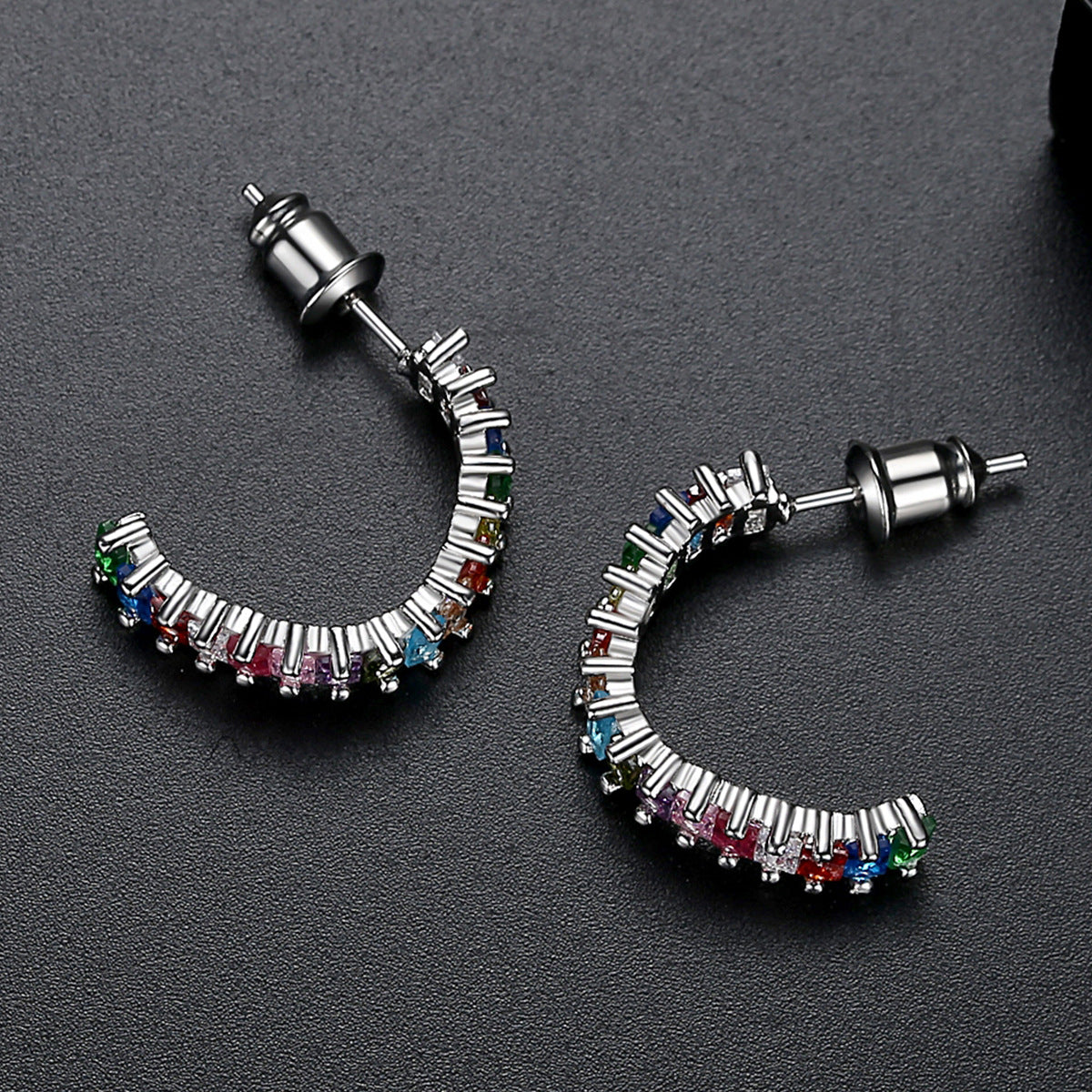 Multicolor Crystal and Silver-Plated C-Shaped Huggie Earrings, silver huggie earrings, elegant gift for her, detail close-up