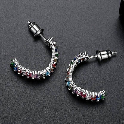 Multicolor Crystal and Silver-Plated C-Shaped Huggie Earrings, silver huggie earrings, elegant gift for her, detail close-up