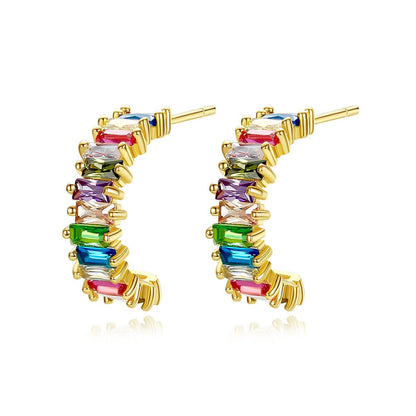 Green Crystal and 18K Gold-Plated Open Huggie Earrings, gold huggie earrings, dainty minimalist design, front view