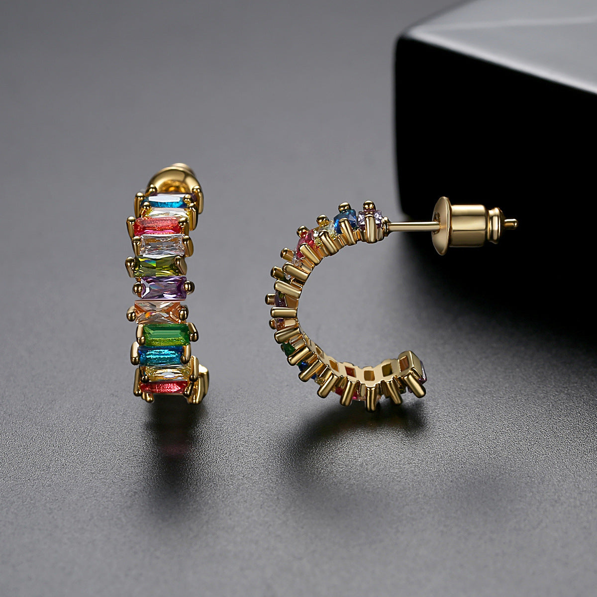 Green Crystal and 18K Gold-Plated Open Huggie Earrings, gold huggie earrings, dainty minimalist design, lifestyle look