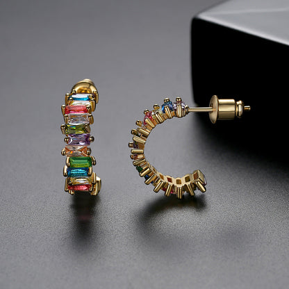 Green Crystal and 18K Gold-Plated Open Huggie Earrings, gold huggie earrings, dainty minimalist design, lifestyle look