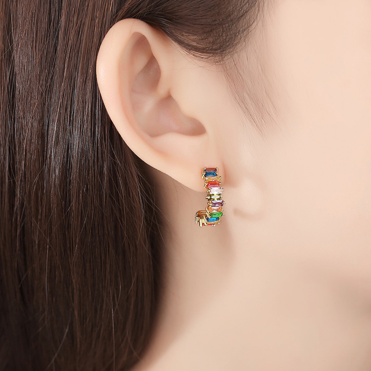 Green Crystal and 18K Gold-Plated Open Huggie Earrings, gold huggie earrings, dainty minimalist design, side view