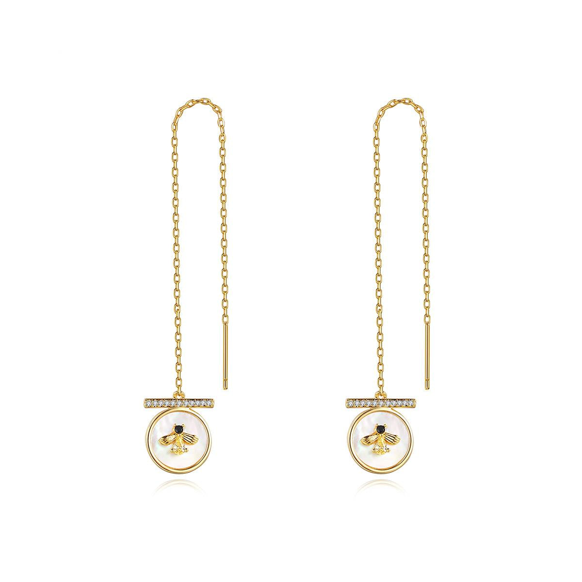 Cubic Zirconia and Shell 18K Gold-Plated Bee Round Ear Threaders, gold drop earrings for women, front view