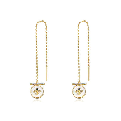 Cubic Zirconia and Shell 18K Gold-Plated Bee Round Ear Threaders, gold drop earrings for women, front view
