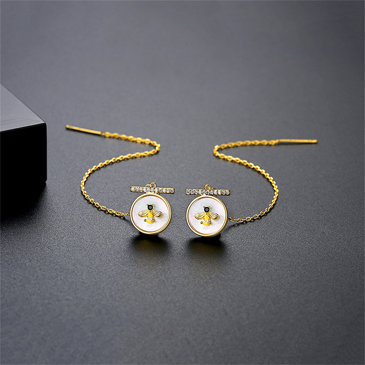 Cubic Zirconia and Shell 18K Gold-Plated Bee Round Ear Threaders, gold drop earrings for women, side view