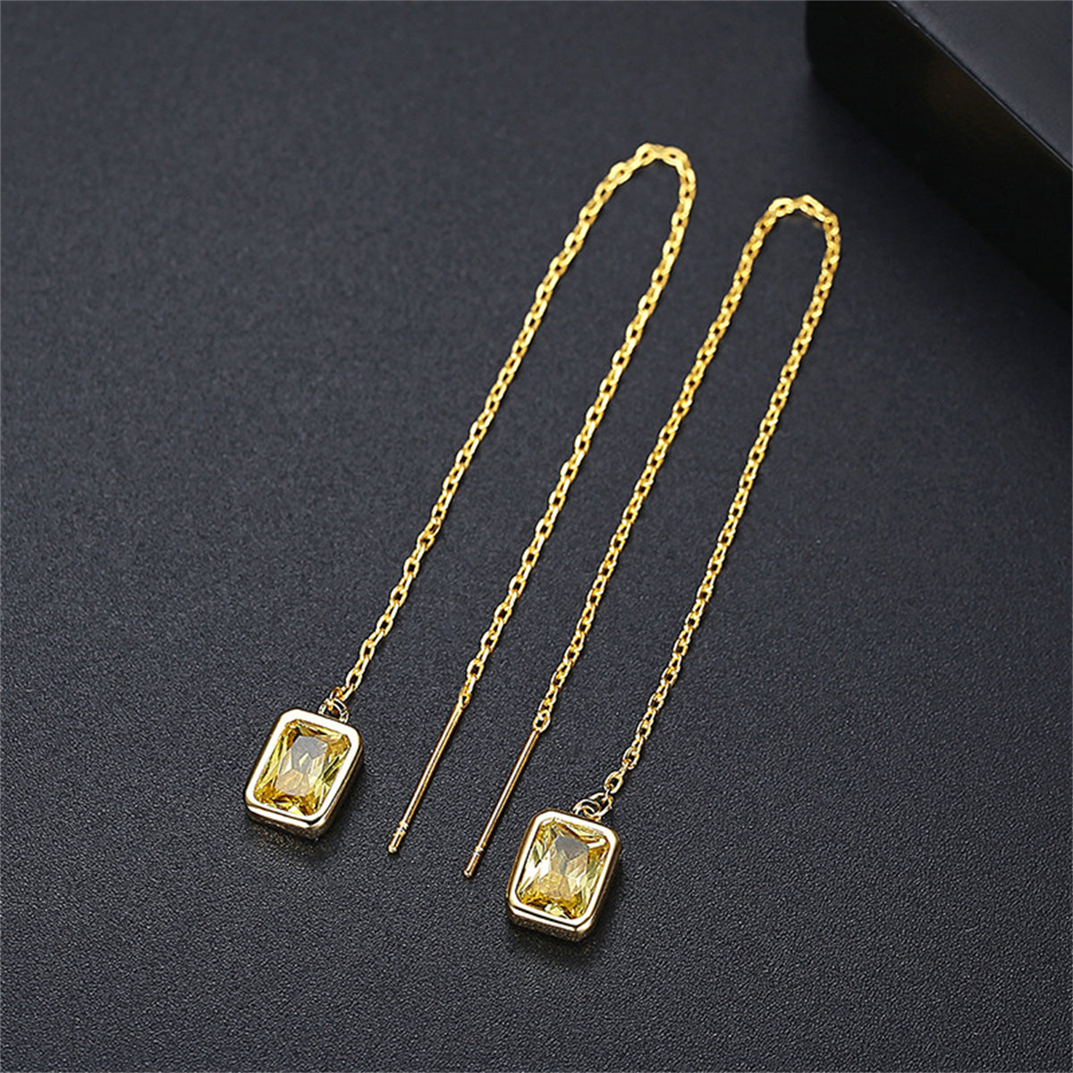 Yellow Crystal and 18K Gold-Plated Ear Threaders, gold drop earrings for women, everyday style, side view
