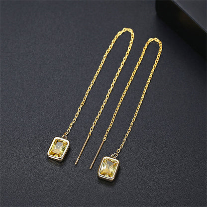 Yellow Crystal and 18K Gold-Plated Ear Threaders, gold drop earrings for women, everyday style, side view