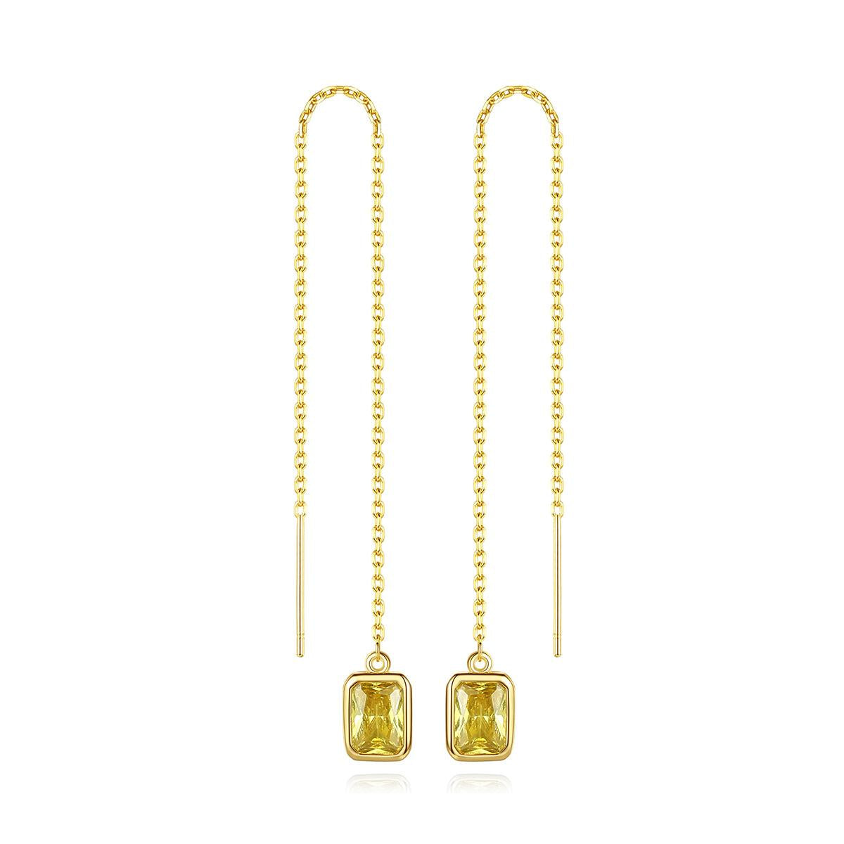 Yellow Crystal and 18K Gold-Plated Ear Threaders, gold drop earrings for women, everyday style, detail close-up