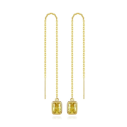 Yellow Crystal and 18K Gold-Plated Ear Threaders, gold drop earrings for women, everyday style, detail close-up