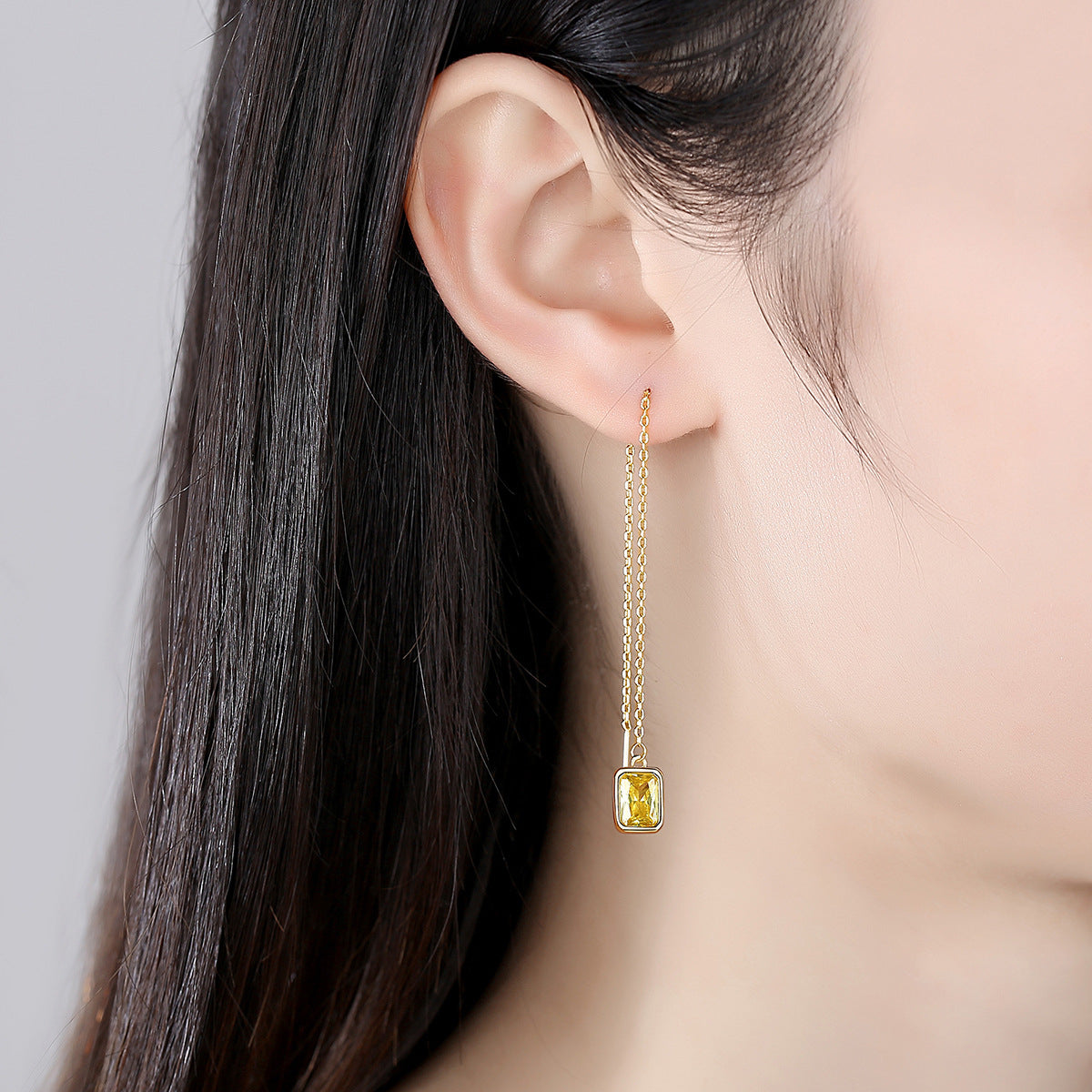 Yellow Crystal and 18K Gold-Plated Ear Threaders, gold drop earrings for women, everyday style, front view