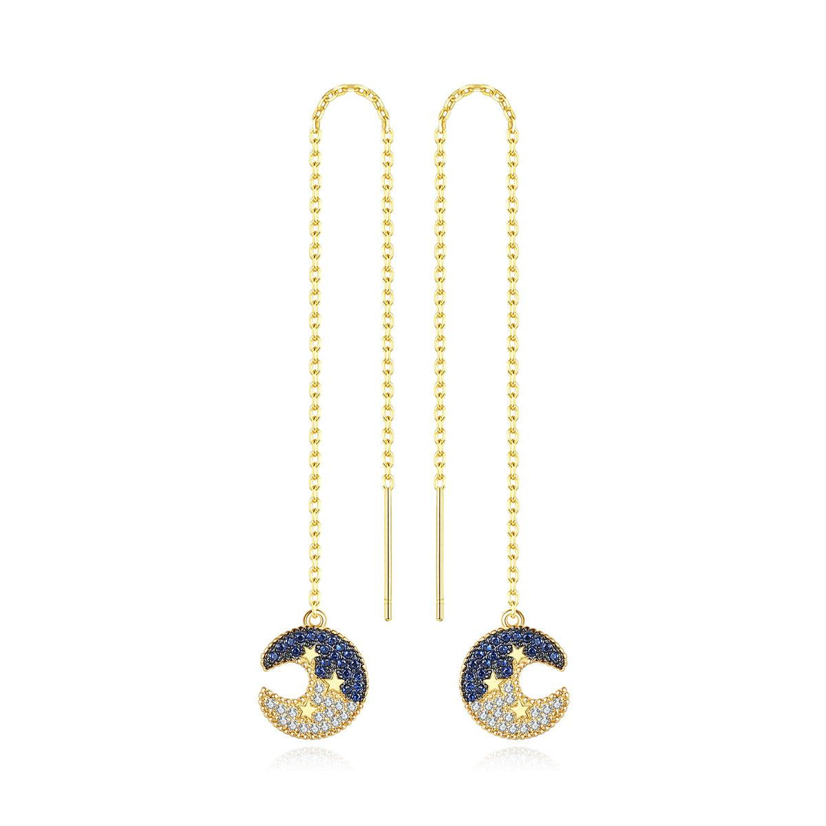 Cubic Zirconia and 18K Gold-Plated Moon Star Ear Threaders, gold drop earrings for women, vintage-inspired design, front view
