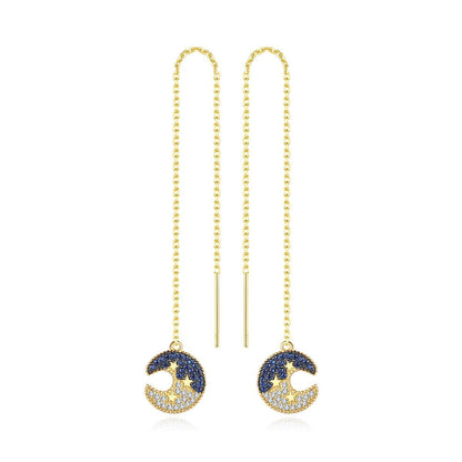 Cubic Zirconia and 18K Gold-Plated Moon Star Ear Threaders, gold drop earrings for women, vintage-inspired design, front view