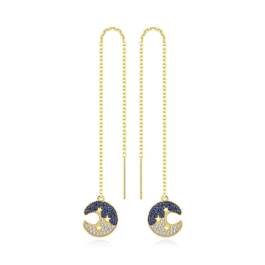 Cubic Zirconia and 18K Gold-Plated Moon Star Ear Threaders, gold drop earrings for women, vintage-inspired design, front view