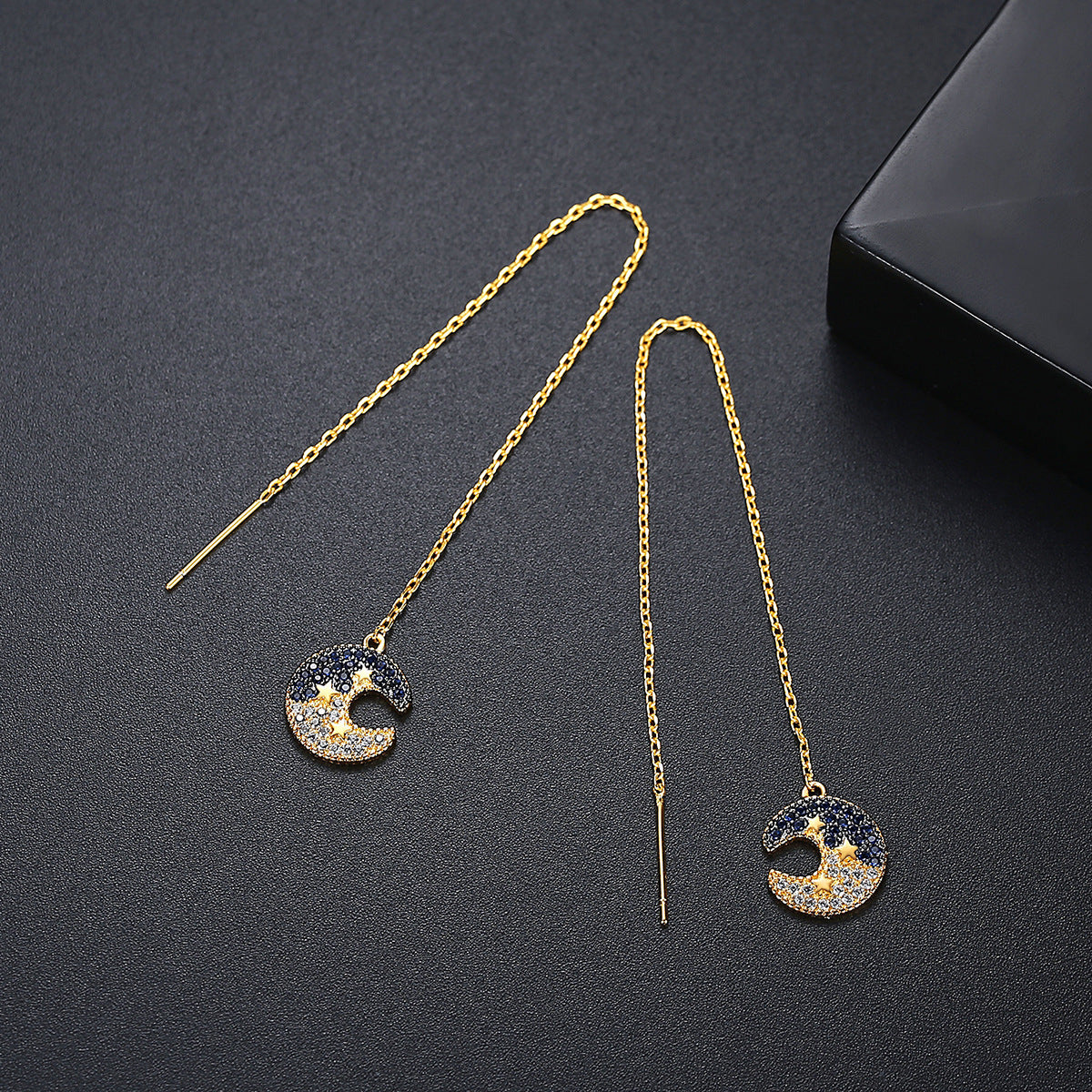 Cubic Zirconia and 18K Gold-Plated Moon Star Ear Threaders, gold drop earrings for women, detail close-up