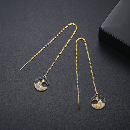 Cubic Zirconia and 18K Gold-Plated Moon Star Ear Threaders, gold drop earrings for women, detail close-up