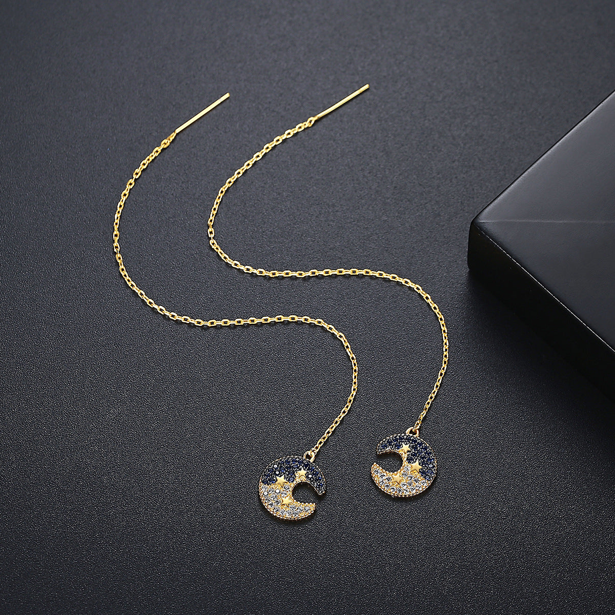 Cubic Zirconia and 18K Gold-Plated Moon Star Ear Threaders, gold drop earrings for women, vintage-inspired design, side view
