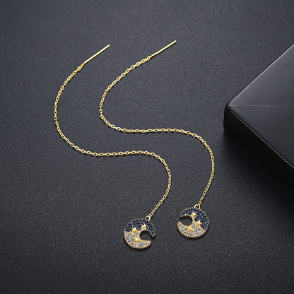 Cubic Zirconia and 18K Gold-Plated Moon Star Ear Threaders, gold drop earrings for women, vintage-inspired design, side view