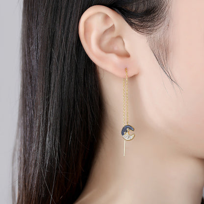 Cubic Zirconia and 18K Gold-Plated Moon Star Ear Threaders, gold drop earrings for women, lifestyle look