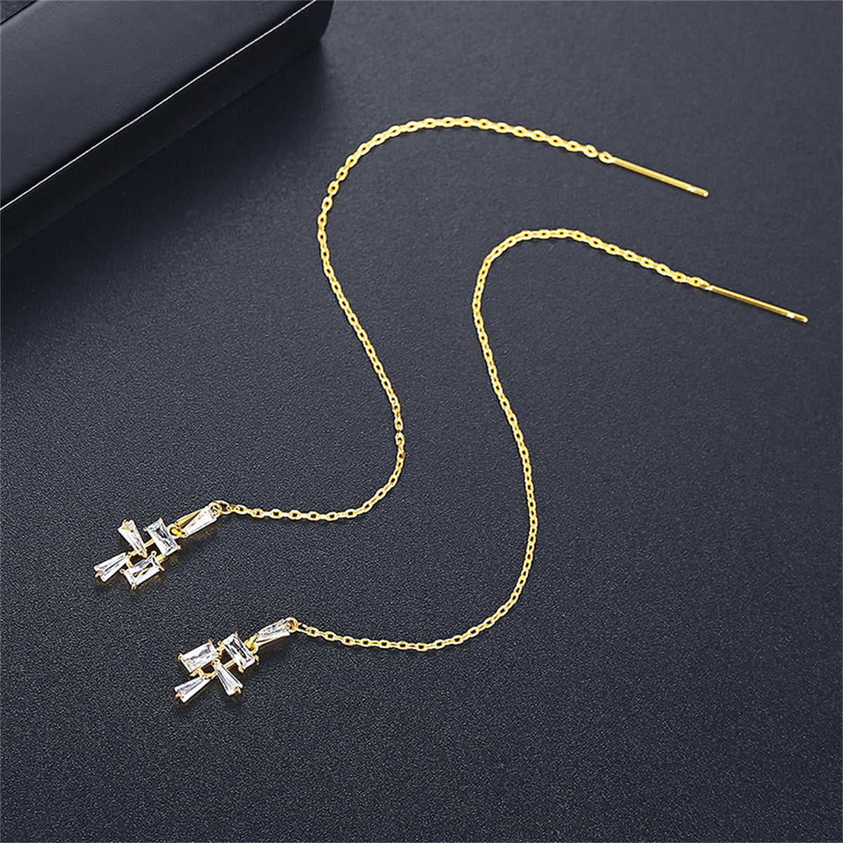 Crystal and 18K Gold-Plated Geometric Threader Earrings, gold drop earrings for women, dainty minimalist design, front view