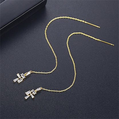 Crystal and 18K Gold-Plated Geometric Threader Earrings, gold drop earrings for women, dainty minimalist design, front view