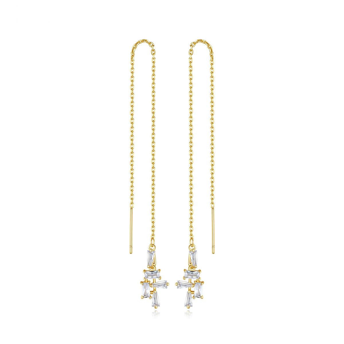 Crystal and 18K Gold-Plated Geometric Threader Earrings, gold drop earrings for women, dainty minimalist design, side view