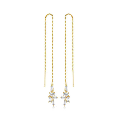 Crystal and 18K Gold-Plated Geometric Threader Earrings, gold drop earrings for women, dainty minimalist design, side view