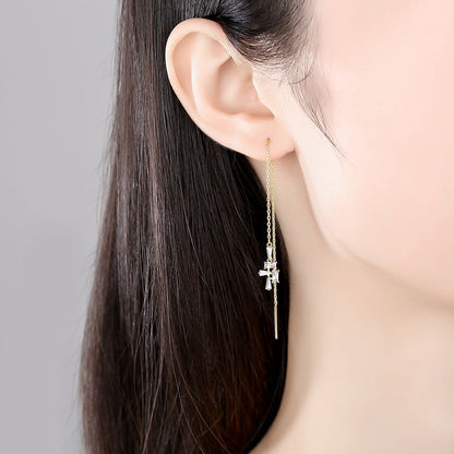 Crystal and 18K Gold-Plated Geometric Threader Earrings, gold drop earrings for women, detail close-up