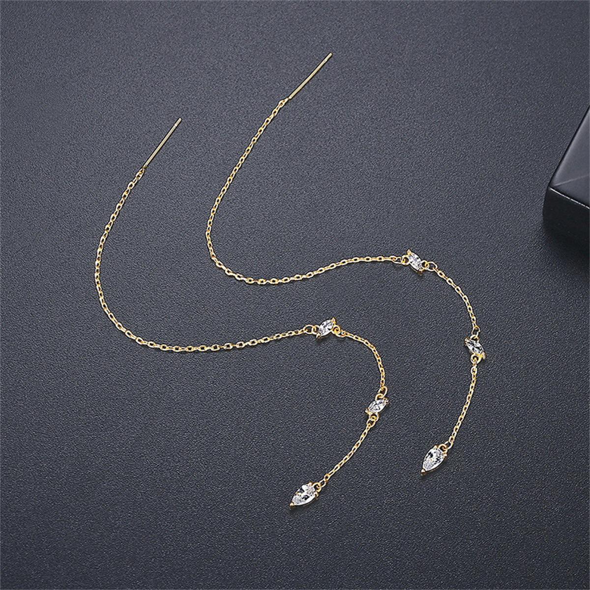 Pear Crystal and 18K Gold-Plated Ear Threader, gold drop earrings for women, elegant gift for her, side view
