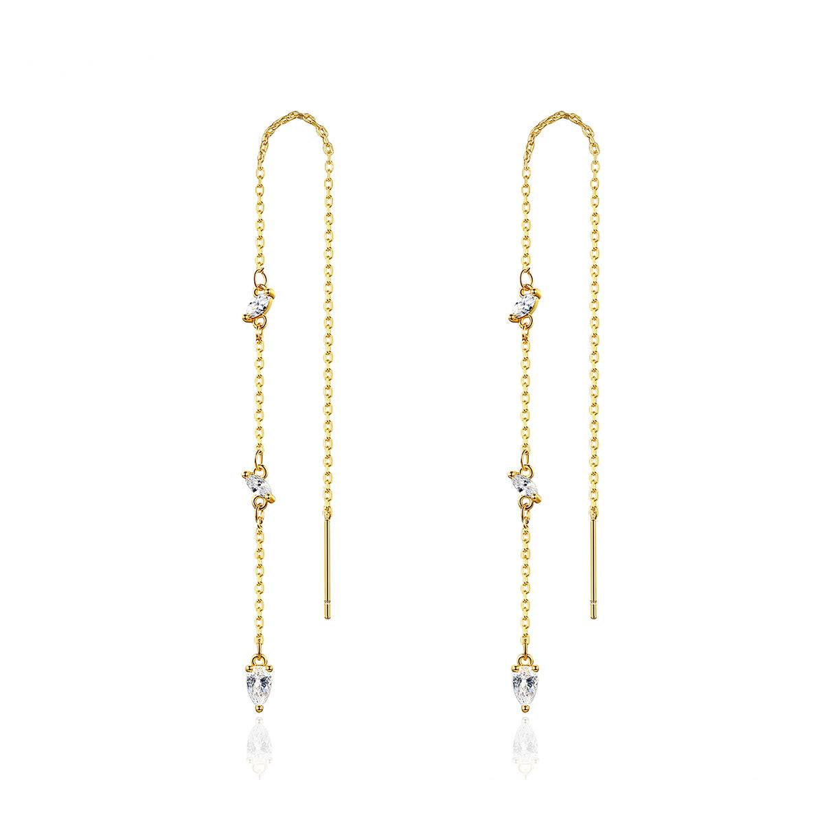 Pear Crystal and 18K Gold-Plated Ear Threader, gold drop earrings for women, elegant gift for her, front view