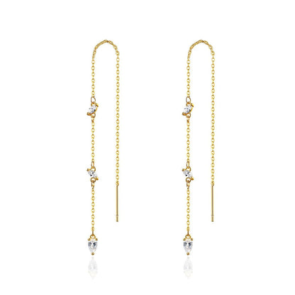 Pear Crystal and 18K Gold-Plated Ear Threader, gold drop earrings for women, elegant gift for her, front view