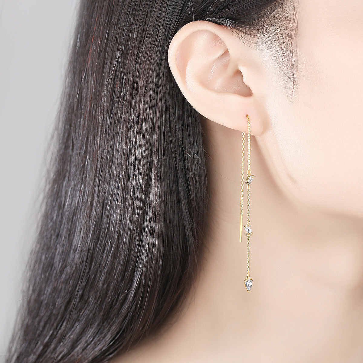 Pear Crystal and 18K Gold-Plated Ear Threader, gold drop earrings for women, elegant gift for her, lifestyle look