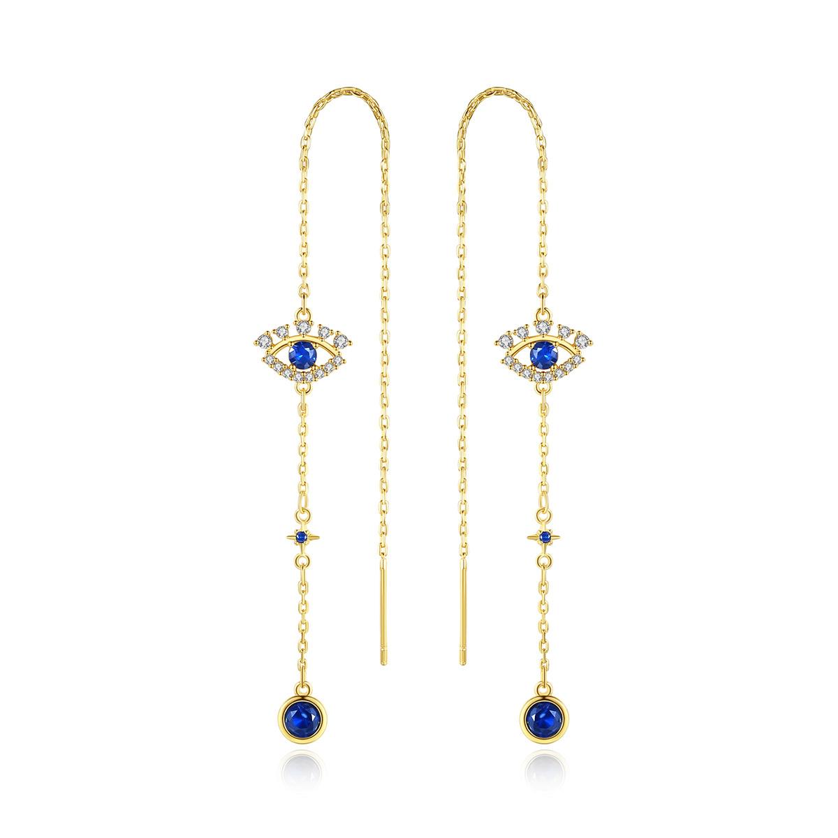 Crystal and Cubic Zirconia 18K Gold-Plated Eye Ear Threaders, gold drop earrings for women, everyday style, front view