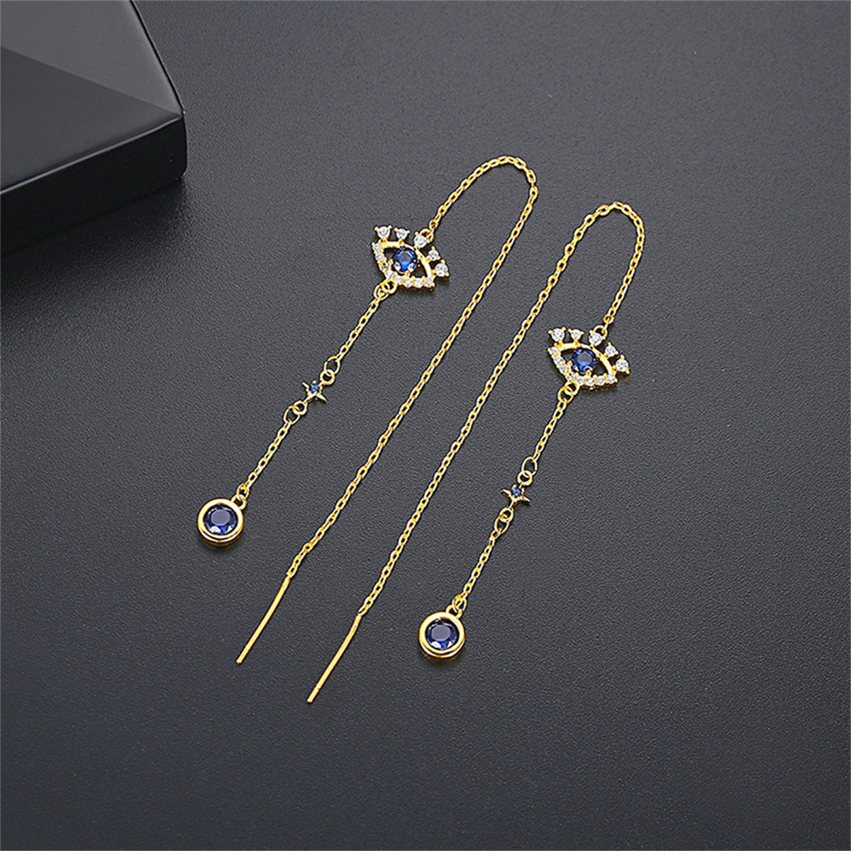 Crystal and Cubic Zirconia 18K Gold-Plated Eye Ear Threaders, gold drop earrings for women, everyday style, side view