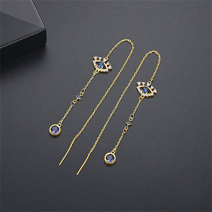Crystal and Cubic Zirconia 18K Gold-Plated Eye Ear Threaders, gold drop earrings for women, everyday style, side view