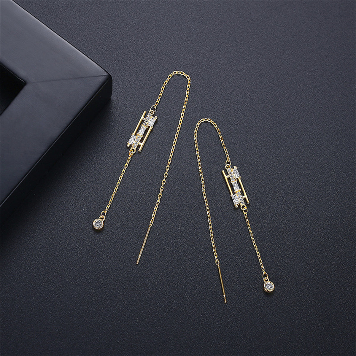 Cubic Zirconia and Crystal 18K Gold-Plated Ear Threaders, gold drop earrings for women, dainty minimalist design, side view