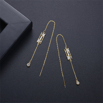 Cubic Zirconia and Crystal 18K Gold-Plated Ear Threaders, gold drop earrings for women, dainty minimalist design, side view