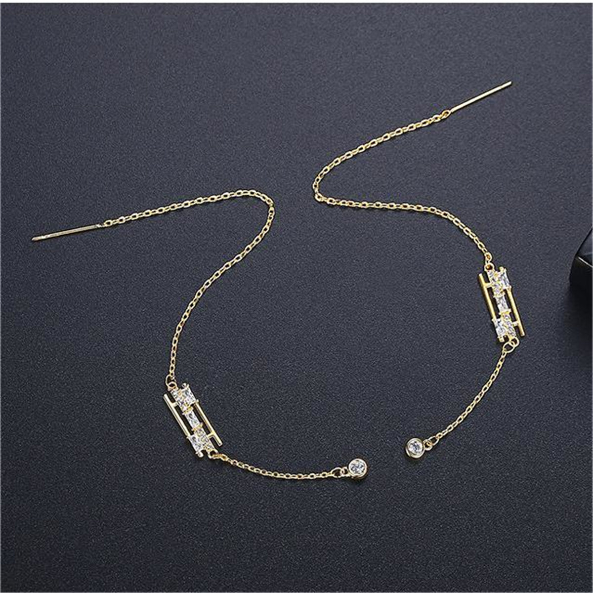 Cubic Zirconia and Crystal 18K Gold-Plated Ear Threaders, gold drop earrings for women, detail close-up