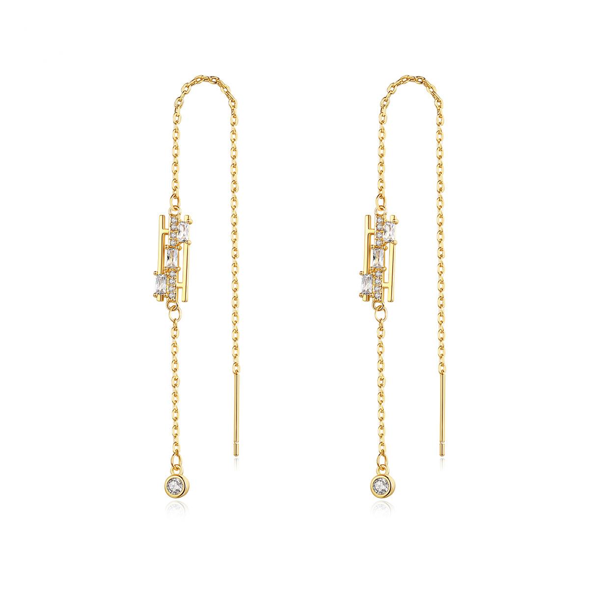 Cubic Zirconia and Crystal 18K Gold-Plated Ear Threaders, gold drop earrings for women, dainty minimalist design, front view