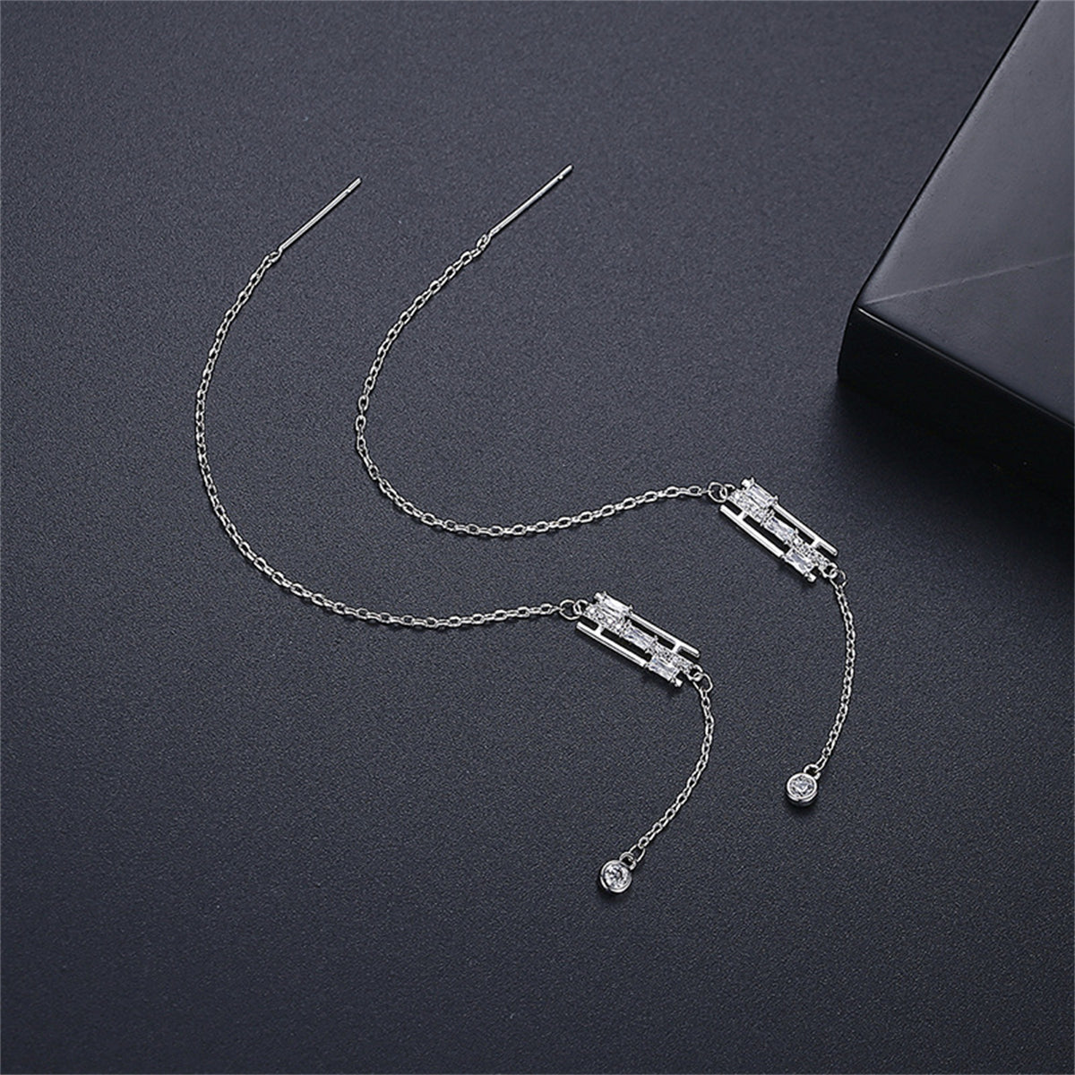 Crystal and Cubic Zirconia Bar Threader Earrings, drop earrings for women, botanical inspired, front view